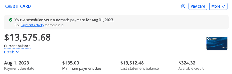 Screenshot showing credit card balance of $13,575.68