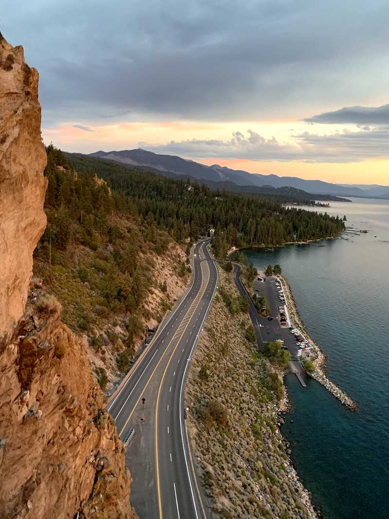 The view of US 50 from the top of Cave Rock in Lake Tahoe, Nevada