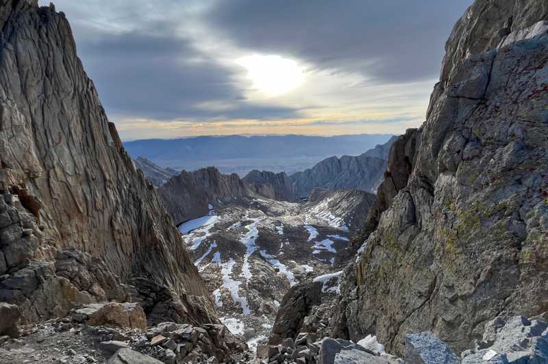 On the way down from the summit of Mt. Whitney, with the Owens Valley floor in the distance