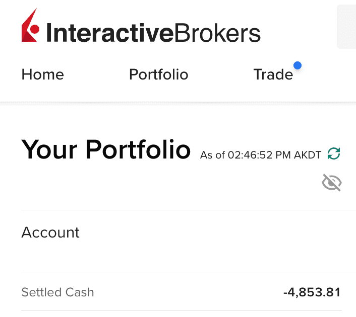 Screenshot showing negative Interactive Brokers cash balance of -4,853.81