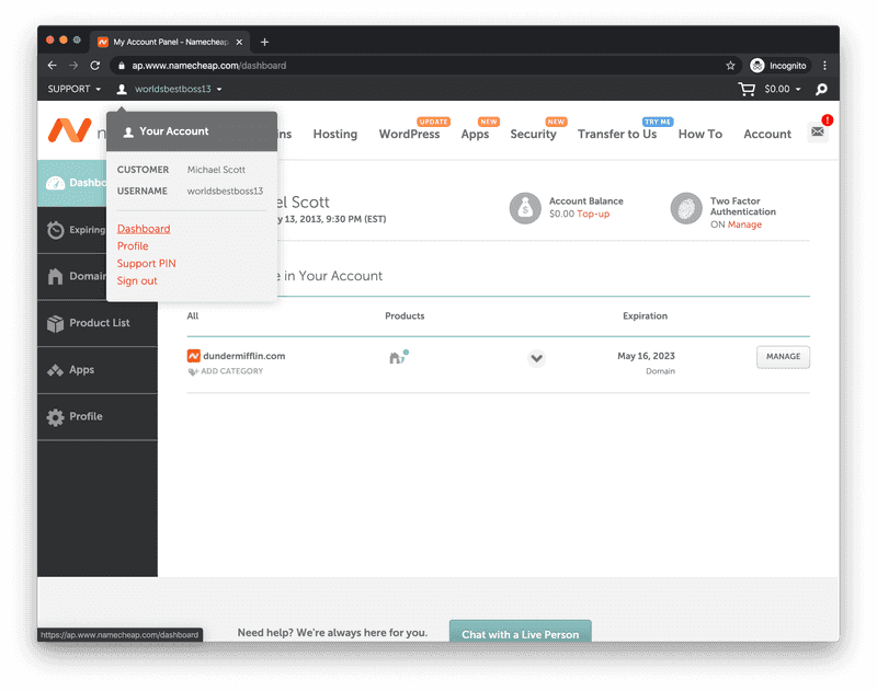 Namecheap account dashboard