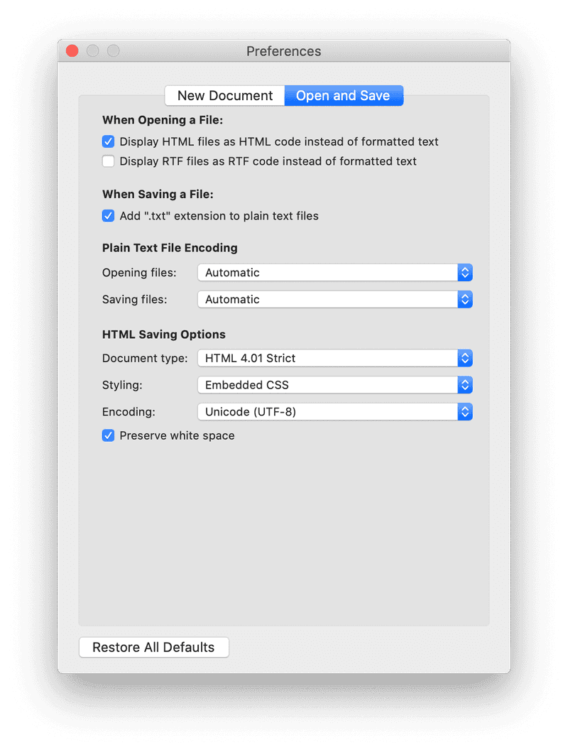 The TextEdit preferences pane