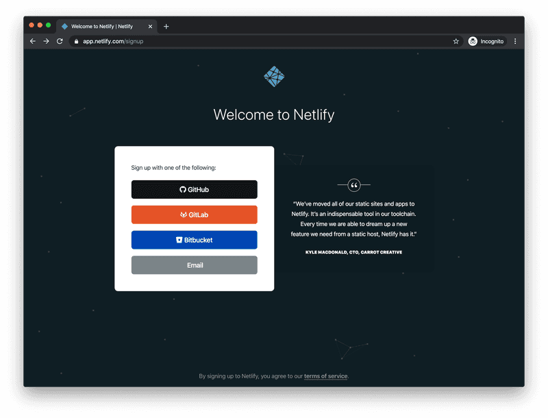 The Netlify sign-up page