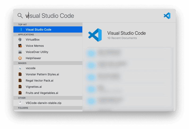 Searching for VSCode in Spotlight