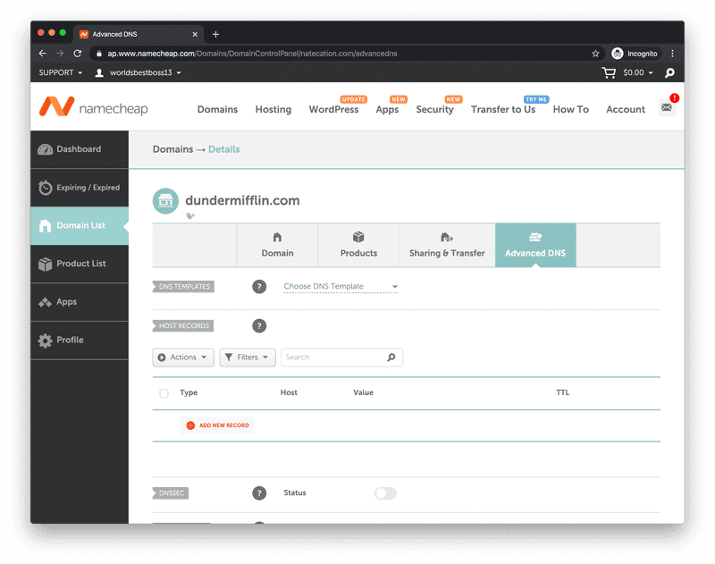 The "Advanced DNS" section of Namecheap