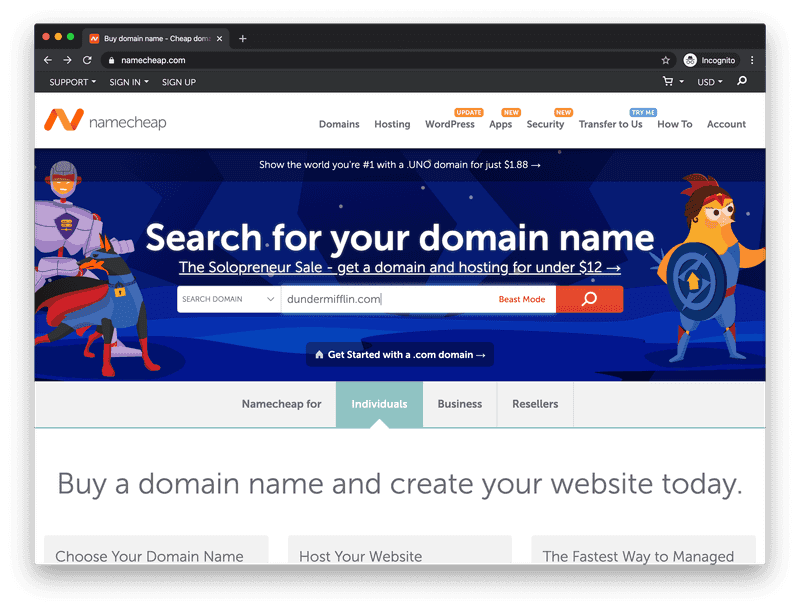 The Namecheap homepage