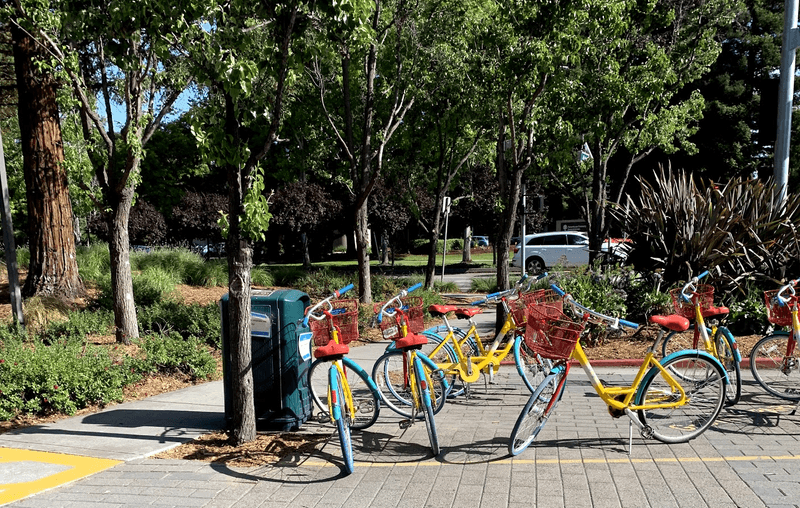 Google Bikes parked at the Google corporate campus in Mountain View, California