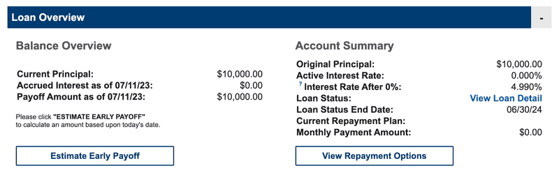Screenshot showing student loan balance of $10,000