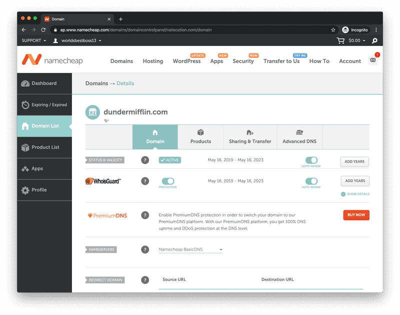 Namecheap domain management screen