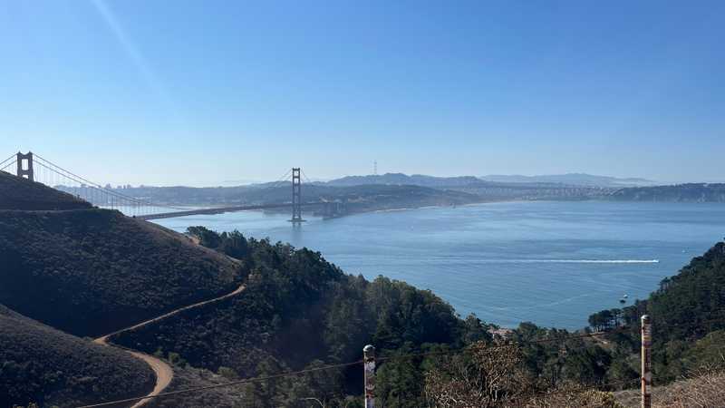 The Golden Gate Bridge visible from the Marin Headlands, on a bike ride to Hawk Hill